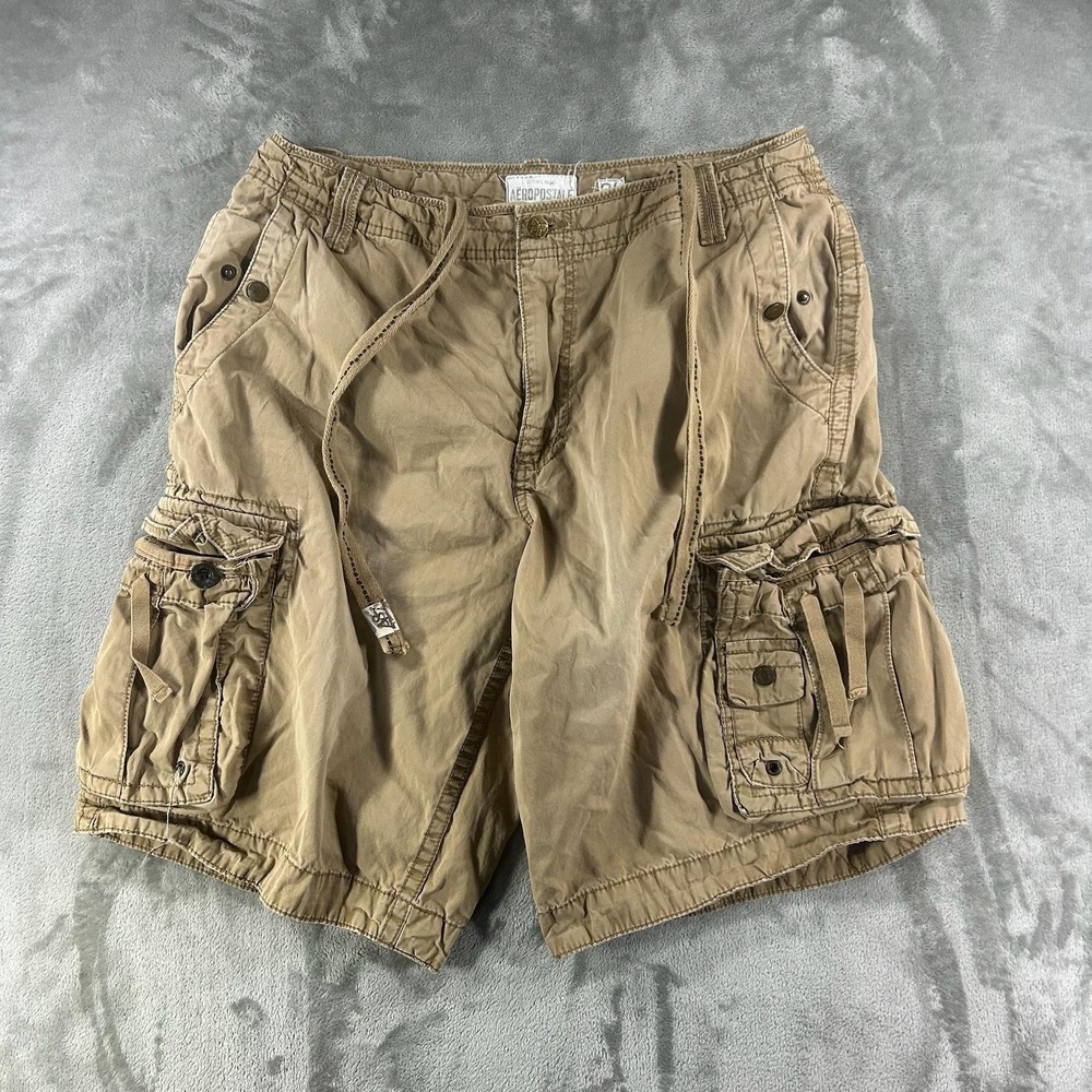Aeropostale Cargo Shorts Mens 34 Beige Canvas Drawstring Utility Pockets Summer